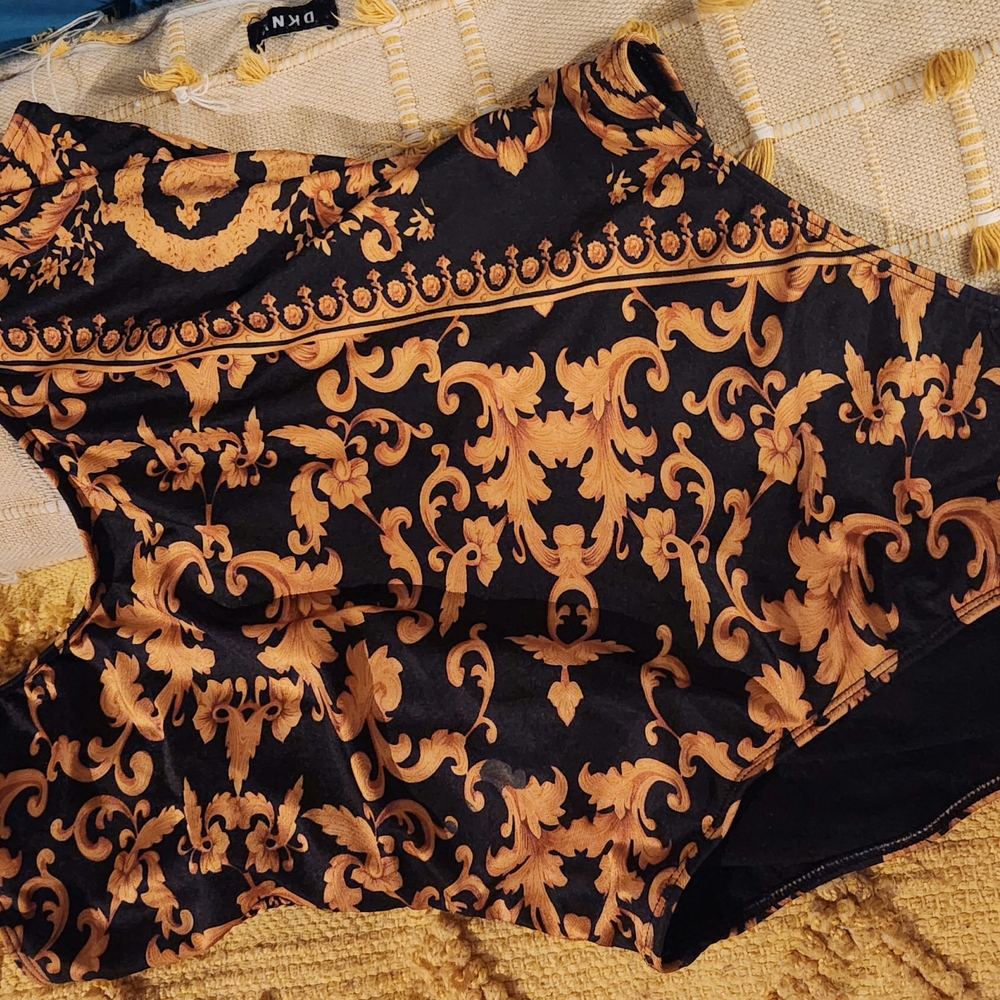 BooHoo Black and Gold Baroque Print Swimsuit